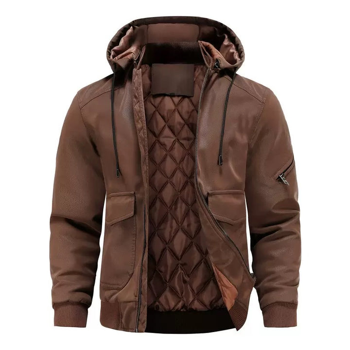Men’s Hooded Faux Leather Quilted Bomber Jacket