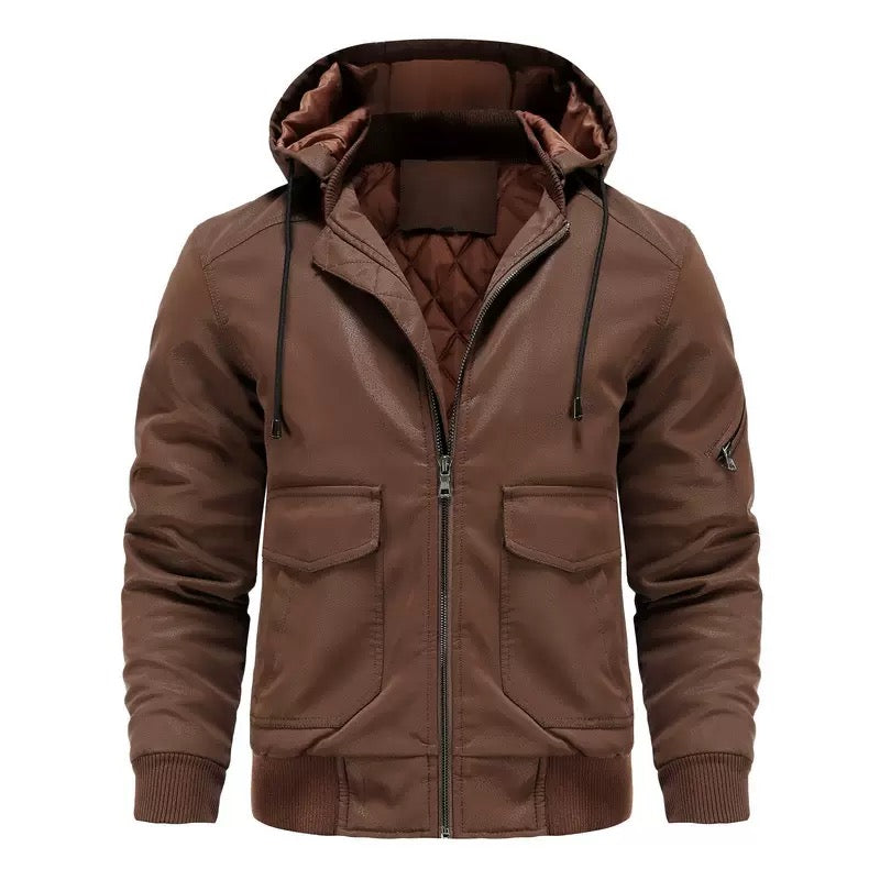 Men’s Hooded Faux Leather Quilted Bomber Jacket