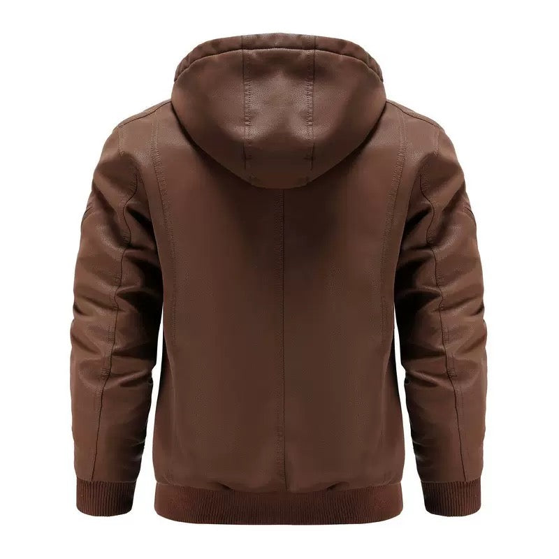 Men’s Hooded Faux Leather Quilted Bomber Jacket