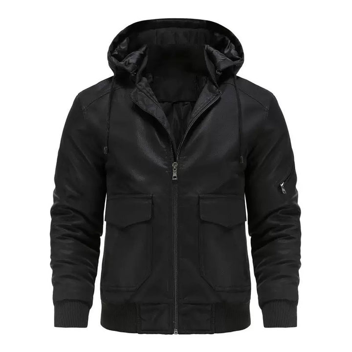 Men’s Hooded Faux Leather Quilted Bomber Jacket