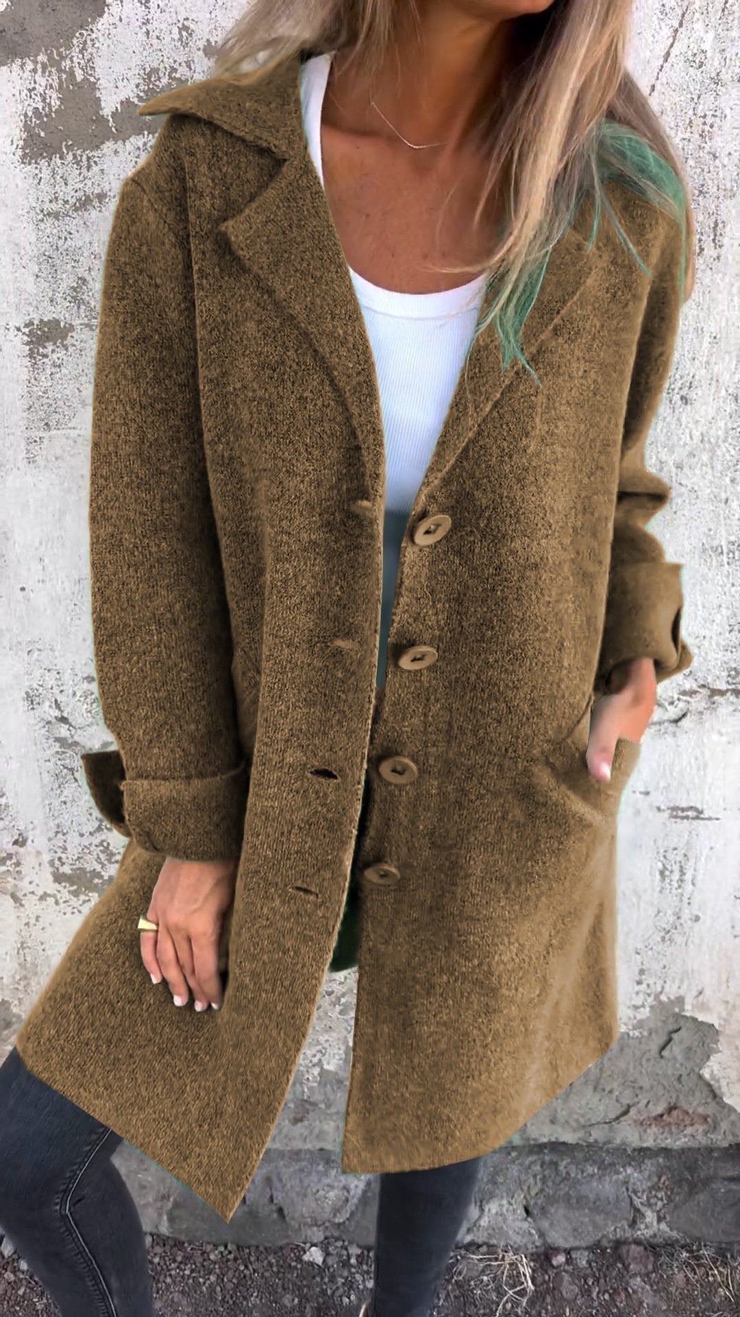 Women’s Oversized Notch Lapel Button-Through Longline Knit Coat