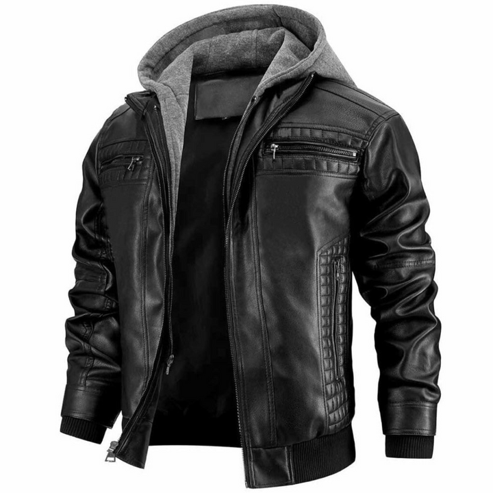 Men’s Hooded Faux Leather Bomber Jacket
