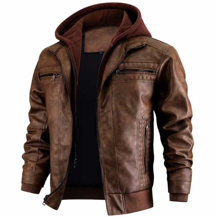Men’s Hooded Faux Leather Bomber Jacket