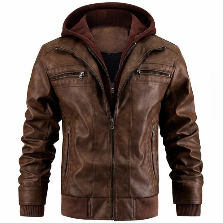 Men’s Hooded Faux Leather Bomber Jacket