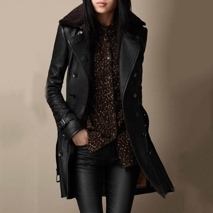 Women’s Shearling Collar Double-Breasted Longline Leather Coat