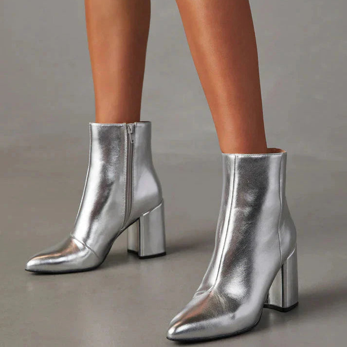 Women’s Metallic Silver Block Heel Pointed Toe Ankle Boots