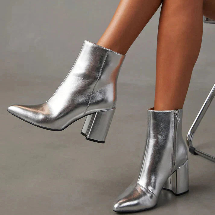 Women’s Metallic Silver Block Heel Pointed Toe Ankle Boots