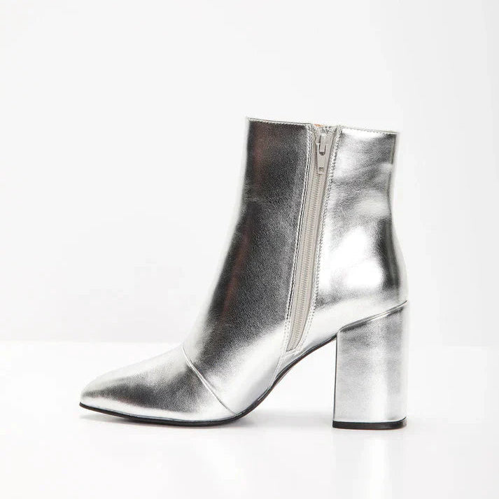 Women’s Metallic Silver Block Heel Pointed Toe Ankle Boots