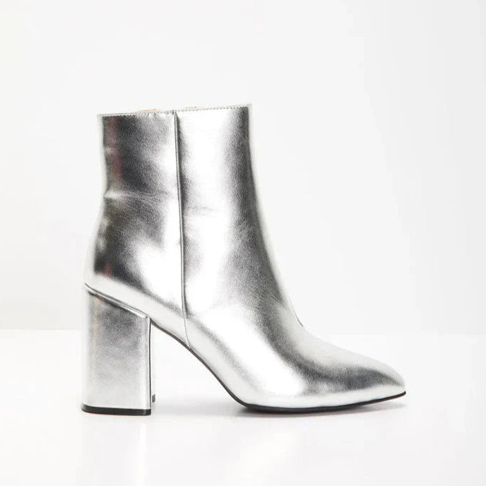 Women’s Metallic Silver Block Heel Pointed Toe Ankle Boots