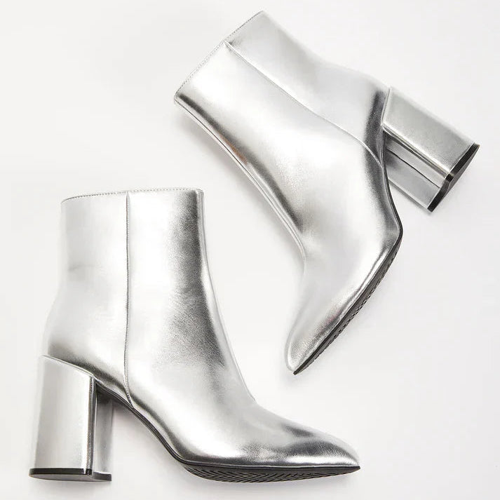 Women’s Metallic Silver Block Heel Pointed Toe Ankle Boots