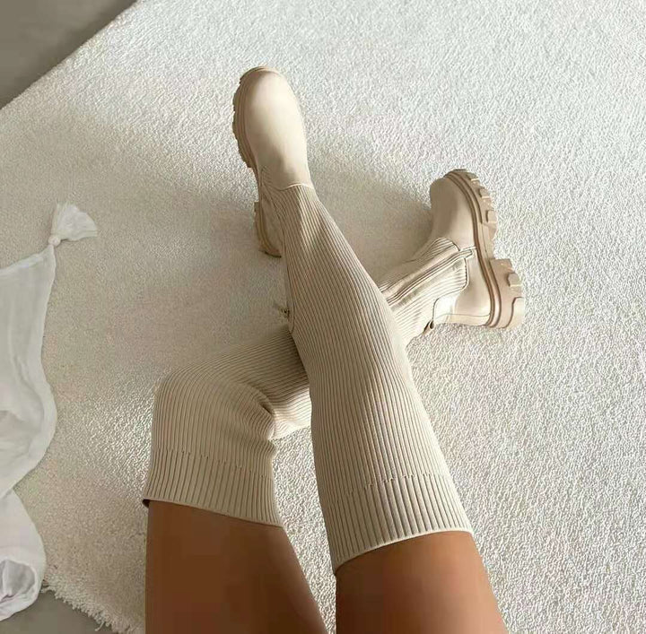 Women’s Ribbed Knit Over-the-Knee Chunky Sole Sock Boots