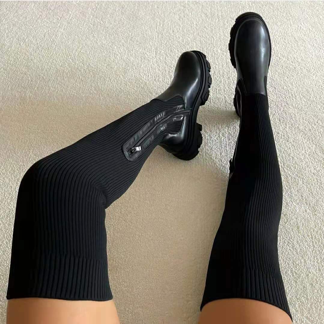 Women’s Ribbed Knit Over-the-Knee Chunky Sole Sock Boots