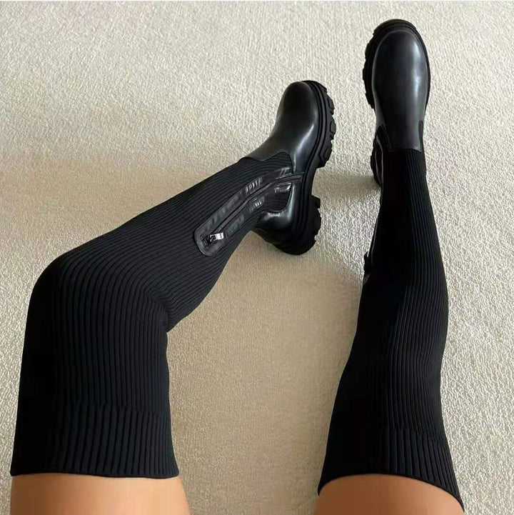 Women’s Ribbed Knit Over-the-Knee Chunky Sole Sock Boots