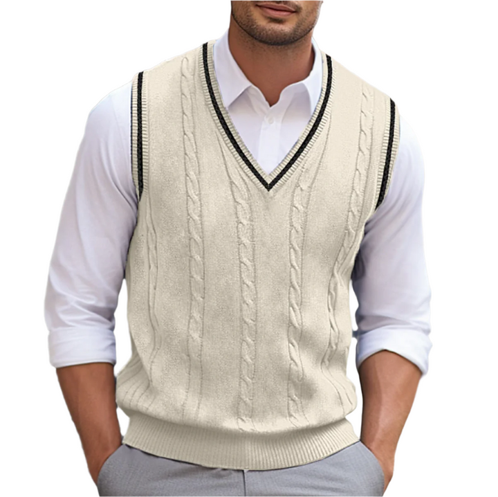 Men’s Cable Knit V Neck Contrast Trim Sweater Vest