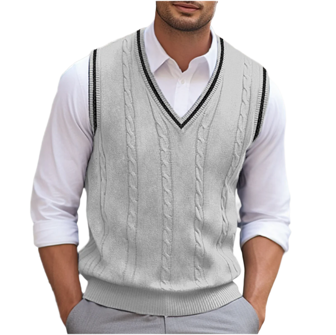 Men’s Cable Knit V Neck Contrast Trim Sweater Vest