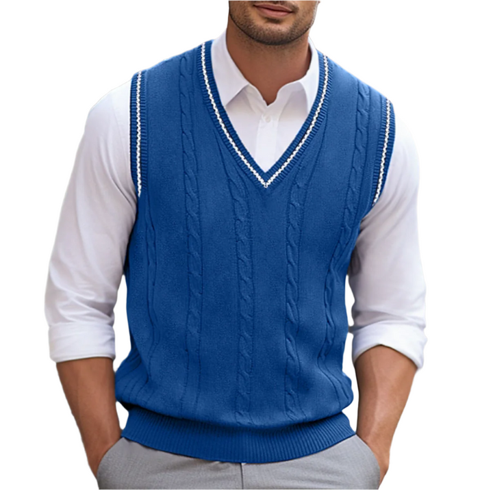 Men’s Cable Knit V Neck Contrast Trim Sweater Vest