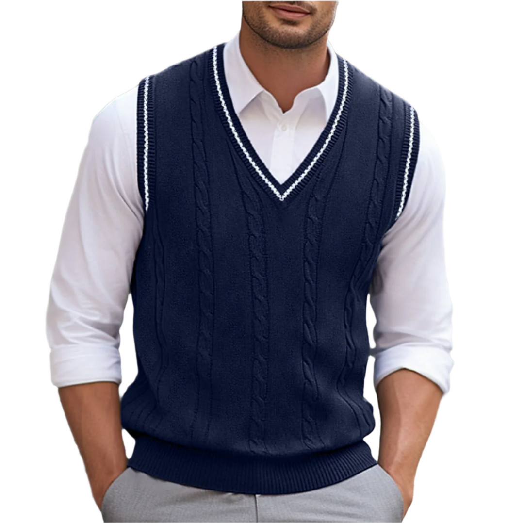 Men’s Cable Knit V Neck Contrast Trim Sweater Vest