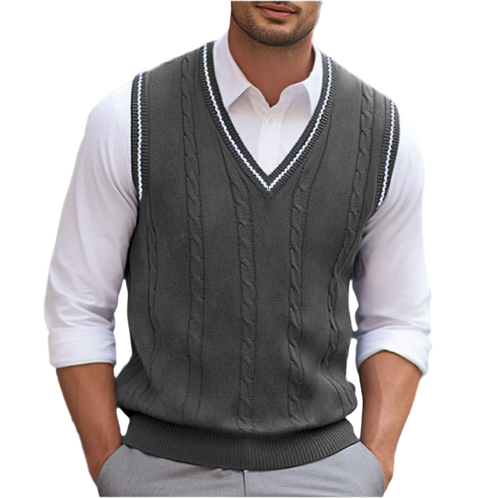Men’s Cable Knit V Neck Contrast Trim Sweater Vest