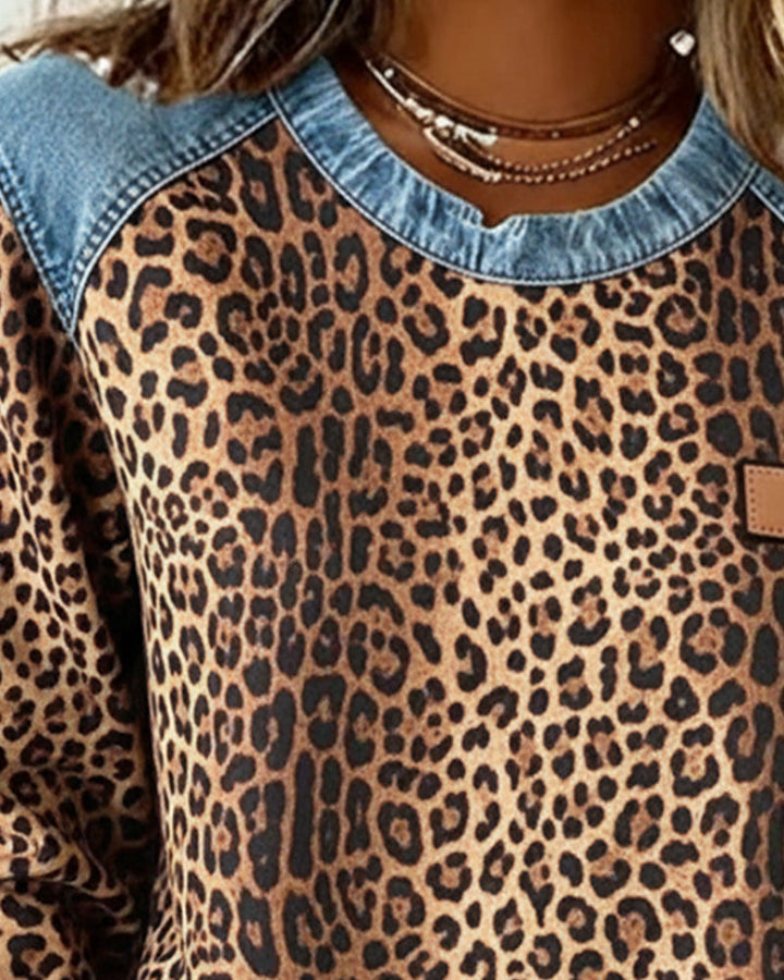 Women’s Leopard Print Crewneck Jumper with Denim Trim