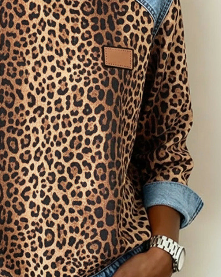 Women’s Leopard Print Crewneck Jumper with Denim Trim