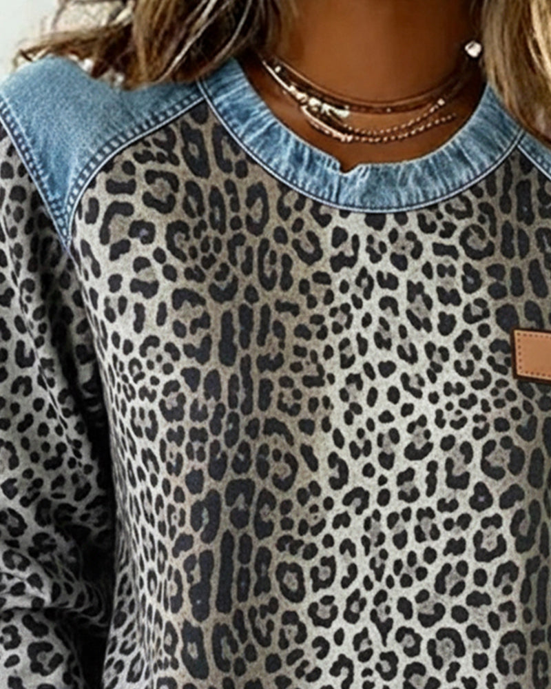 Women’s Leopard Print Crewneck Jumper with Denim Trim