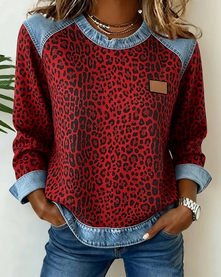Women’s Leopard Print Crewneck Jumper with Denim Trim