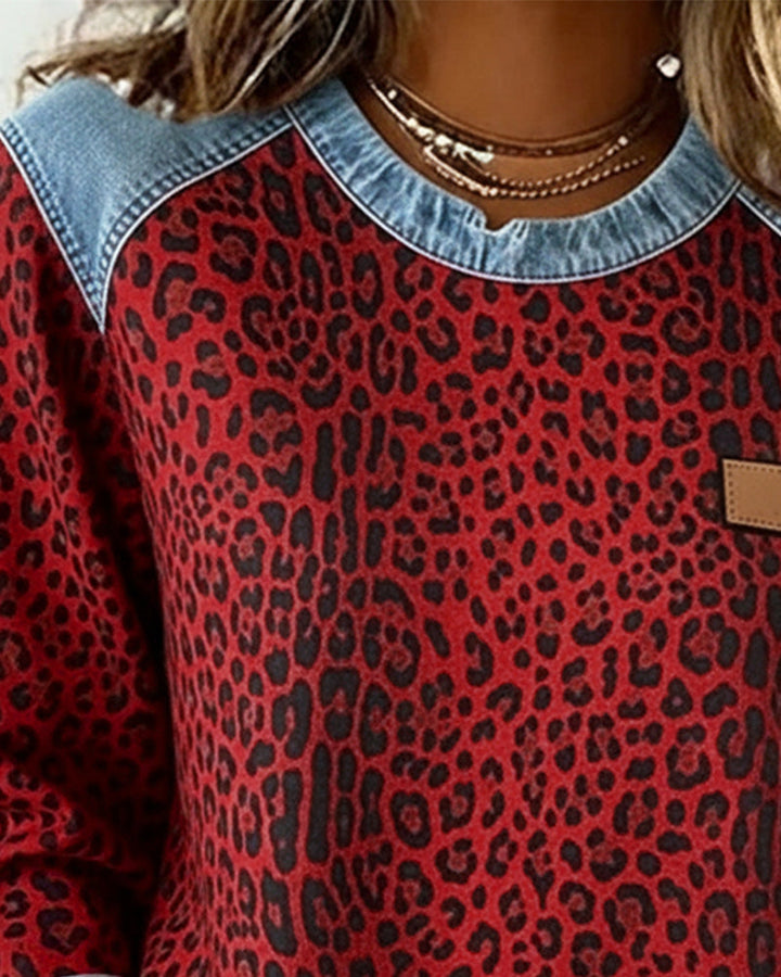 Women’s Leopard Print Crewneck Jumper with Denim Trim