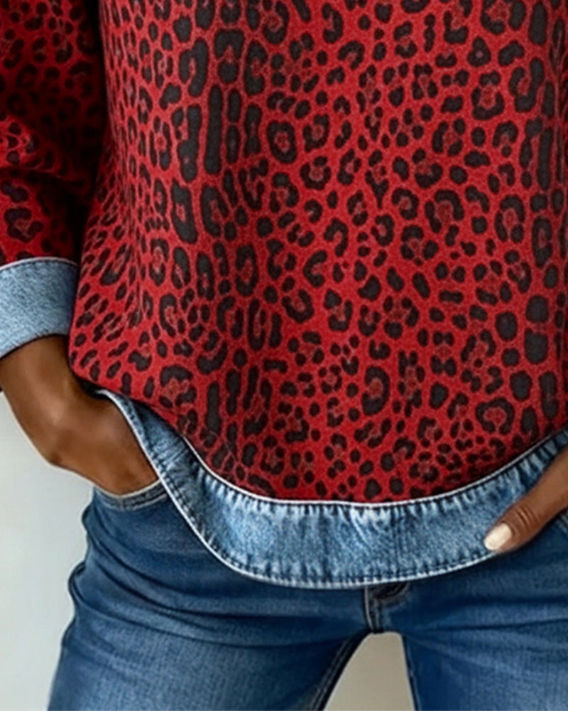 Women’s Leopard Print Crewneck Jumper with Denim Trim
