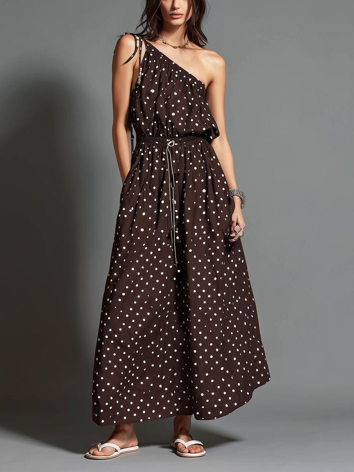 Brown Polka Dot Maxi Dress with Off-Shoulder Neckline | Bella