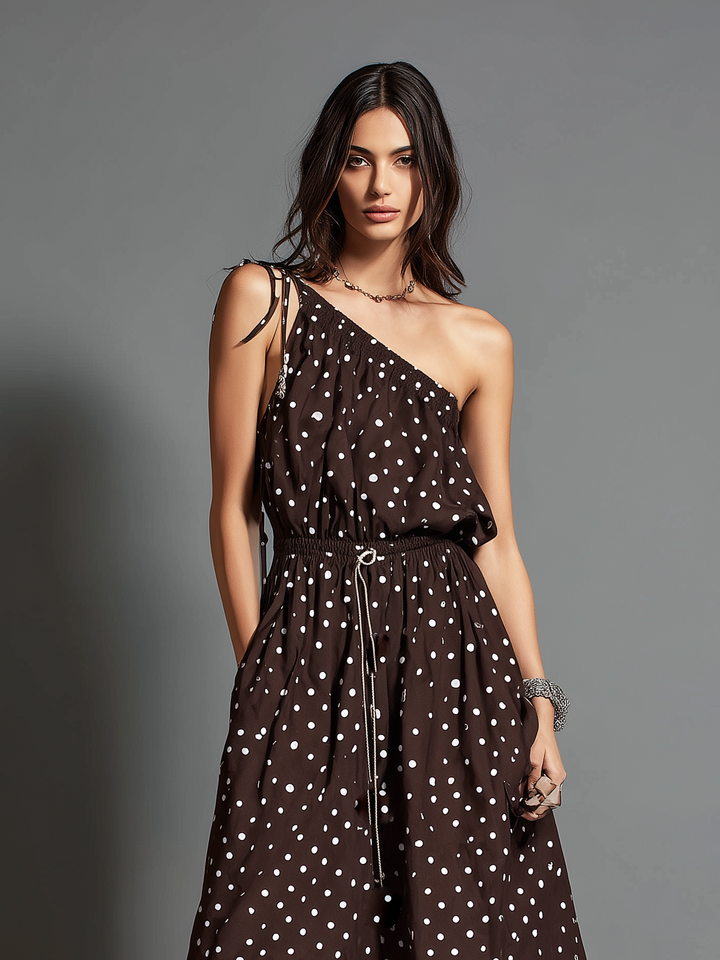 Brown Polka Dot Maxi Dress with Off-Shoulder Neckline | Bella