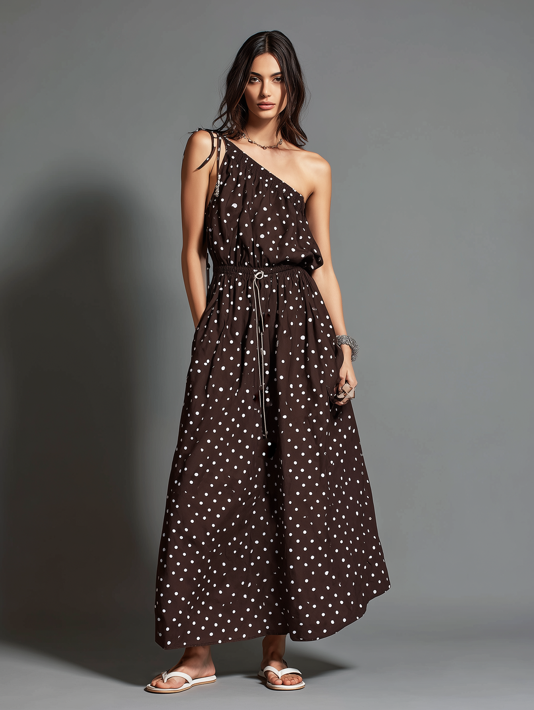 Brown Polka Dot Maxi Dress with Off-Shoulder Neckline | Bella