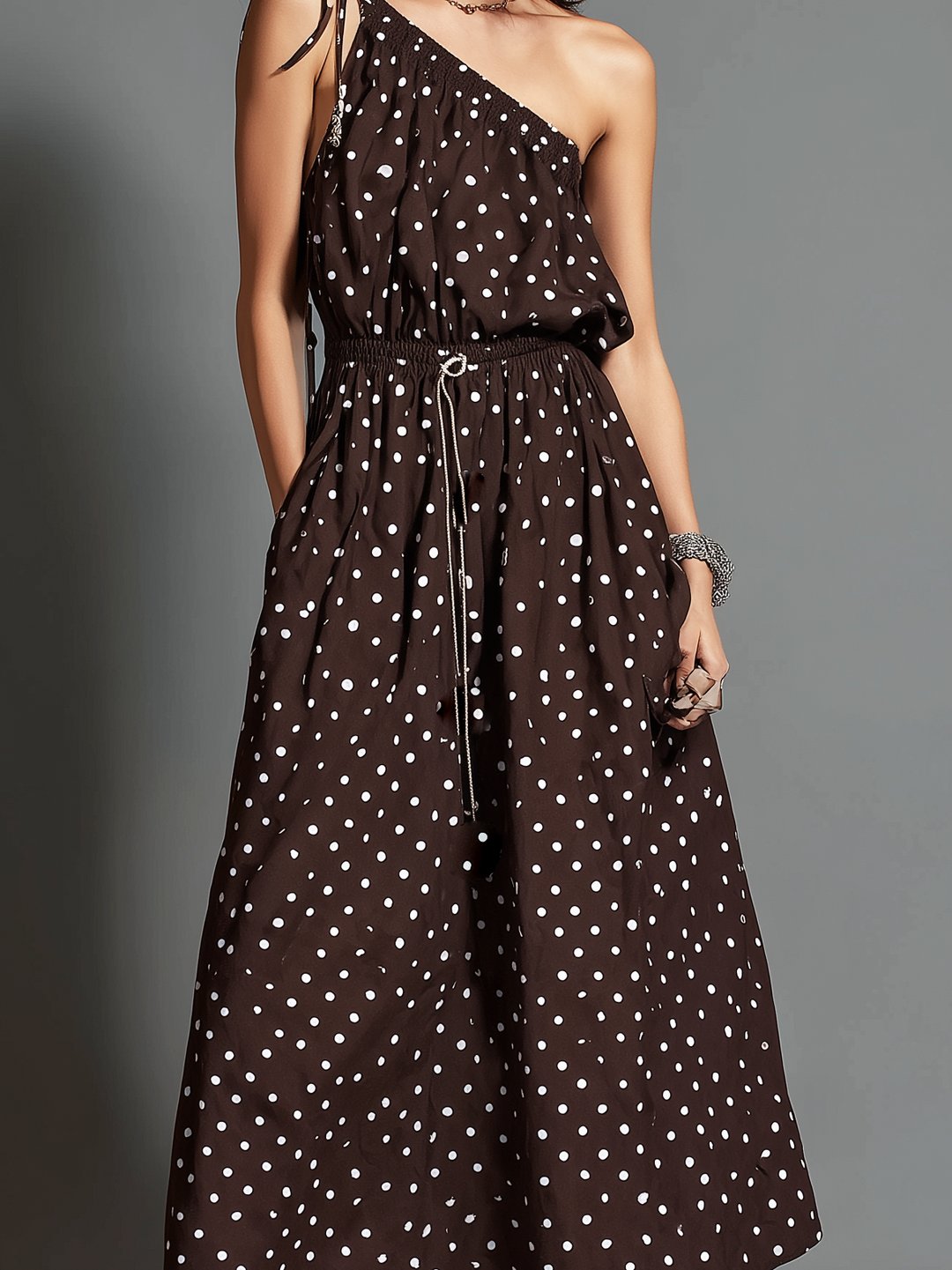 Brown Polka Dot Maxi Dress with Off-Shoulder Neckline | Bella