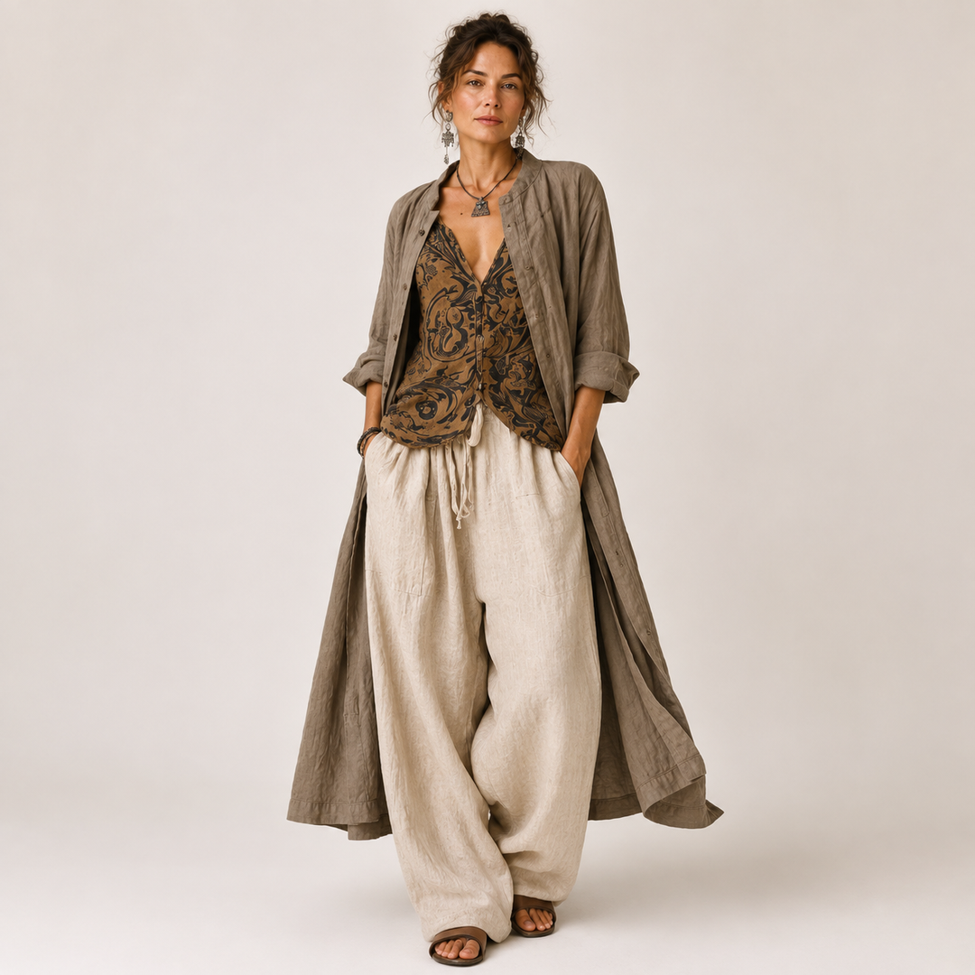 Relaxed Linen Three-Piece Loungewear Summer Set | Olivia