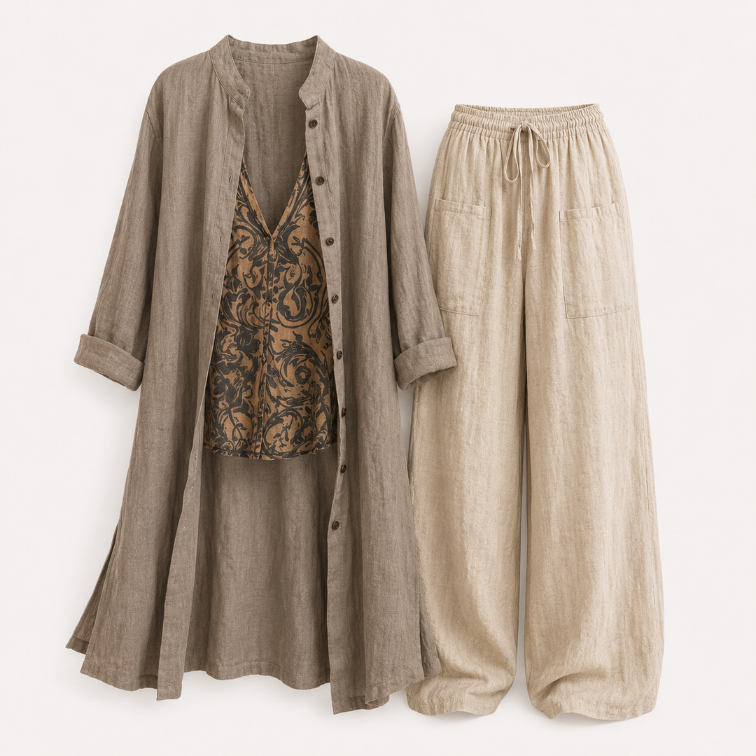 Relaxed Linen Three-Piece Loungewear Summer Set | Olivia