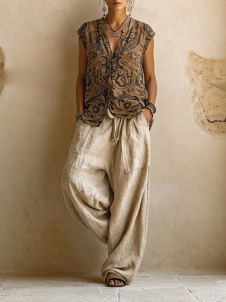 Relaxed Linen Three-Piece Loungewear Summer Set | Olivia