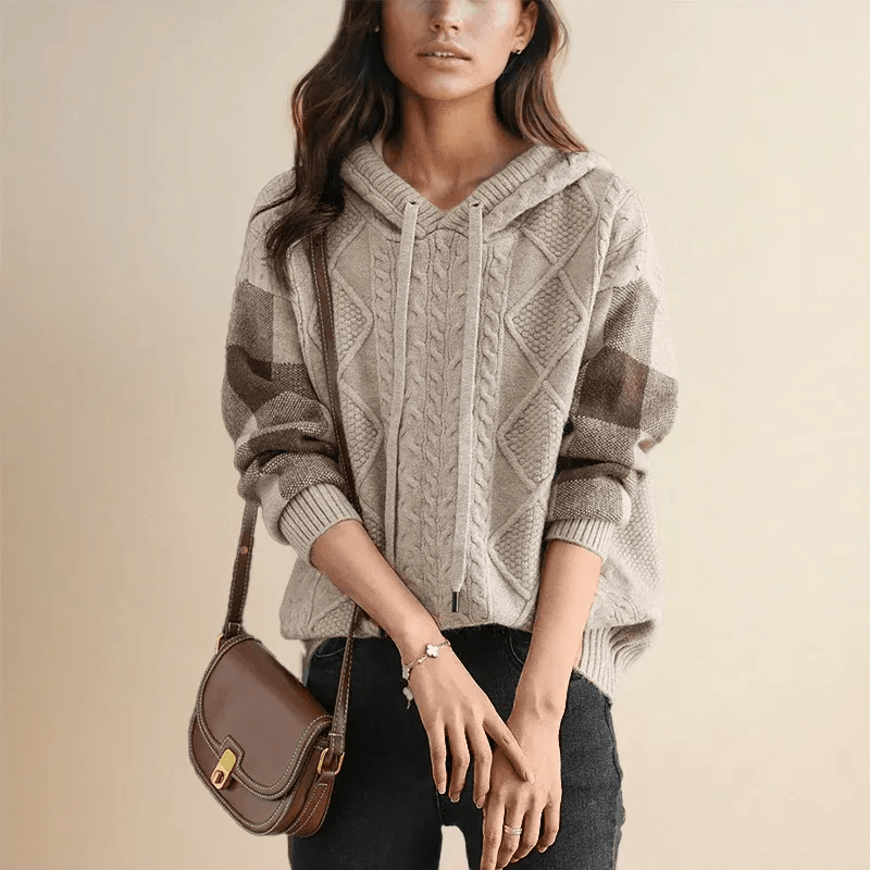 Women’s Cable Knit Checkered Sleeve Hoodie