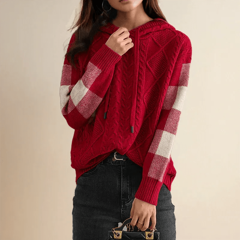 Women’s Cable Knit Checkered Sleeve Hoodie