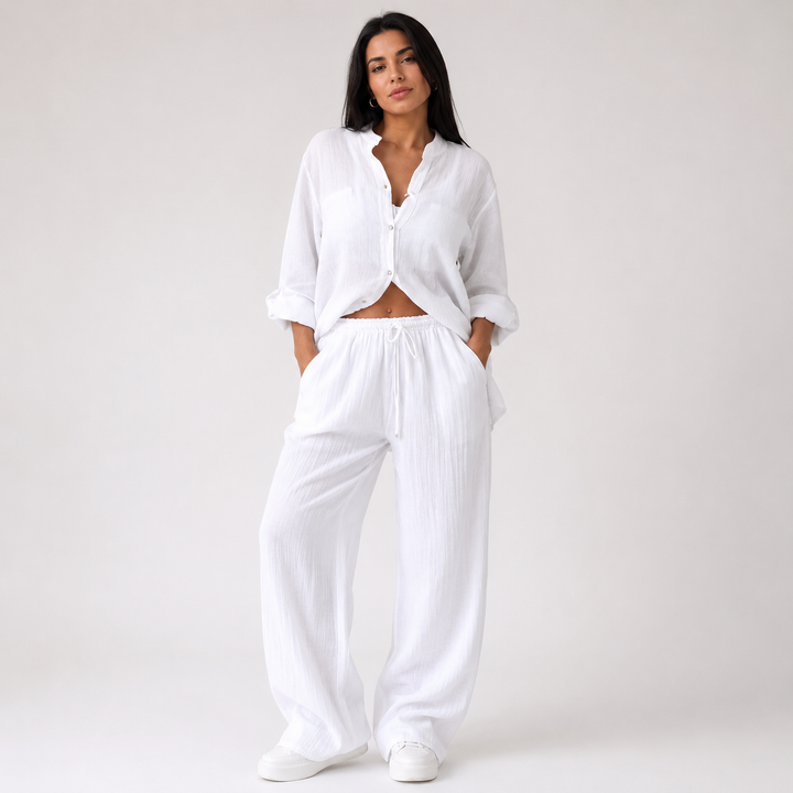 Linen-Look Wide Leg Two Piece Lounge Set | Hannah
