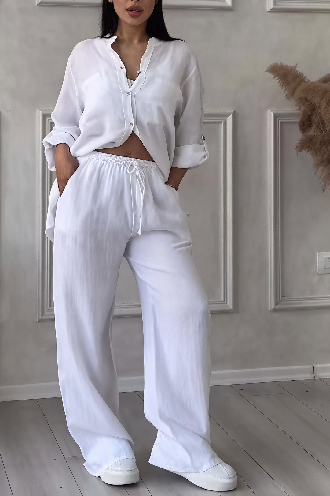 Linen-Look Wide Leg Two Piece Lounge Set | Hannah