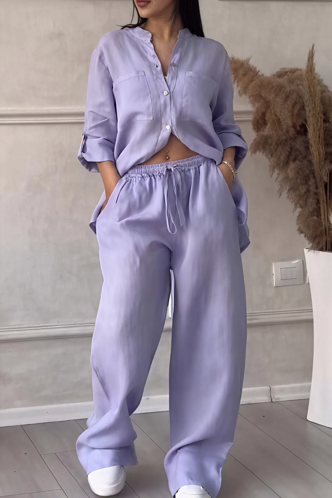 Linen-Look Wide Leg Two Piece Lounge Set | Hannah