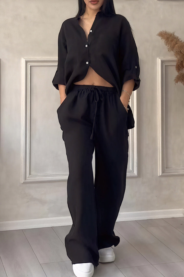 Linen-Look Wide Leg Two Piece Lounge Set | Hannah