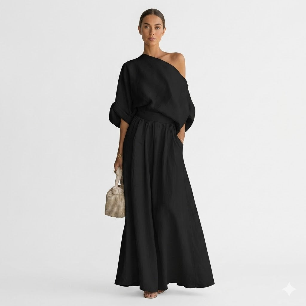 Linen Blend One-Shoulder Maxi Dress with A-Line Skirt | Sophie