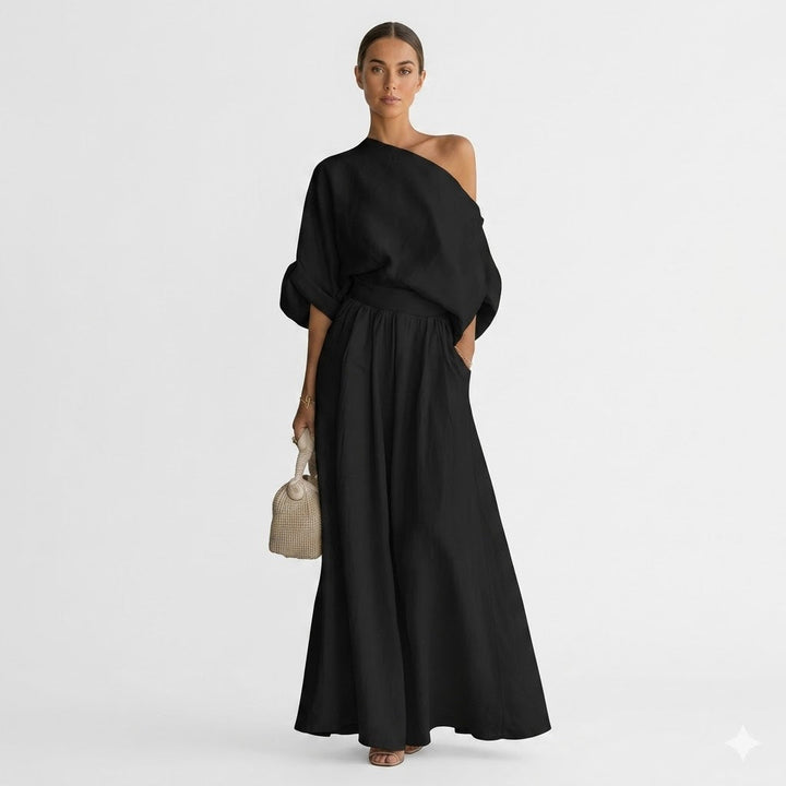 Linen Blend One-Shoulder Maxi Dress with A-Line Skirt | Sophie