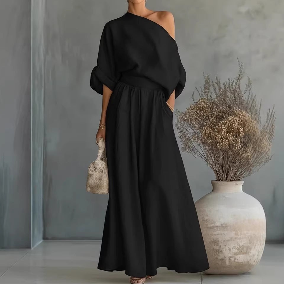 Linen Blend One-Shoulder Maxi Dress with A-Line Skirt | Sophie