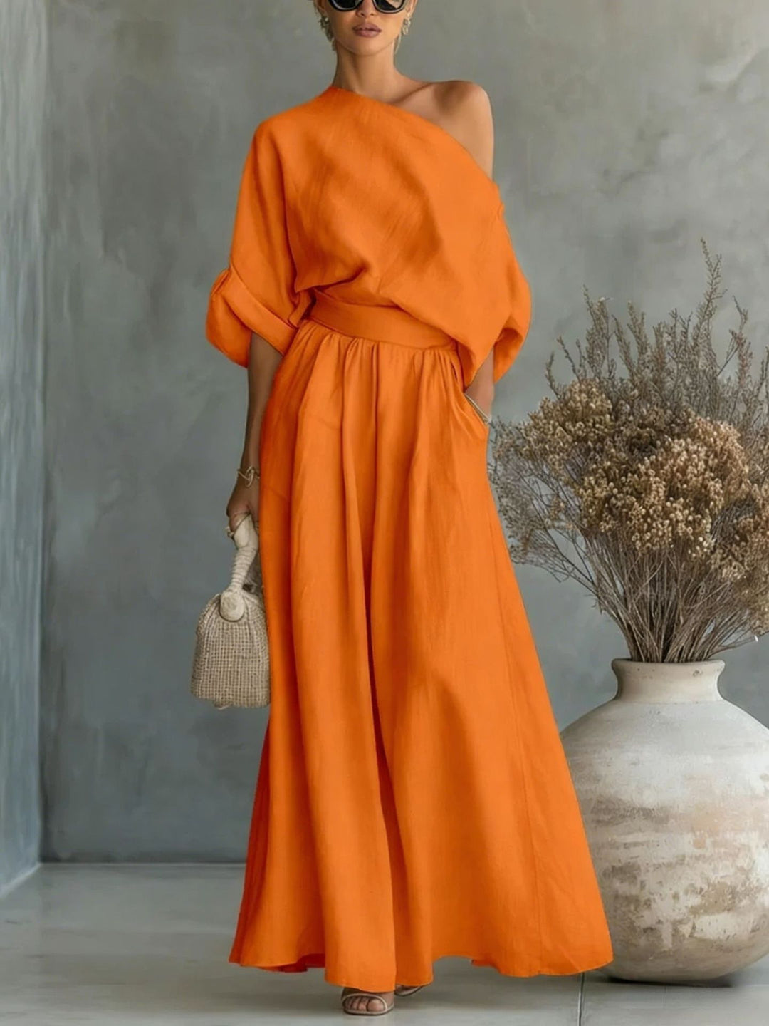 Linen Blend One-Shoulder Maxi Dress with A-Line Skirt | Sophie
