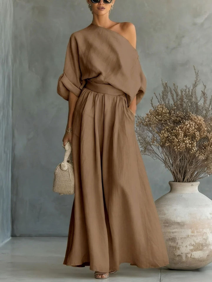 Linen Blend One-Shoulder Maxi Dress with A-Line Skirt | Sophie