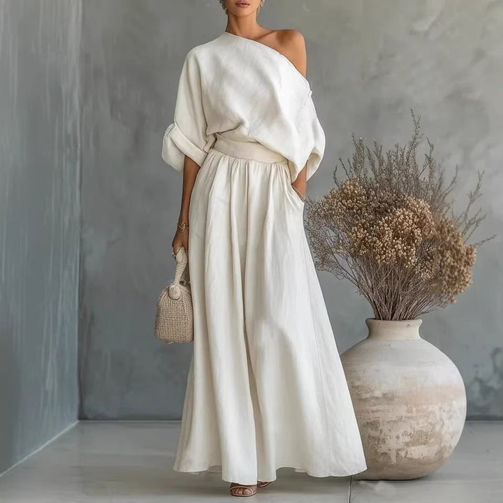 Linen Blend One-Shoulder Maxi Dress with A-Line Skirt | Sophie