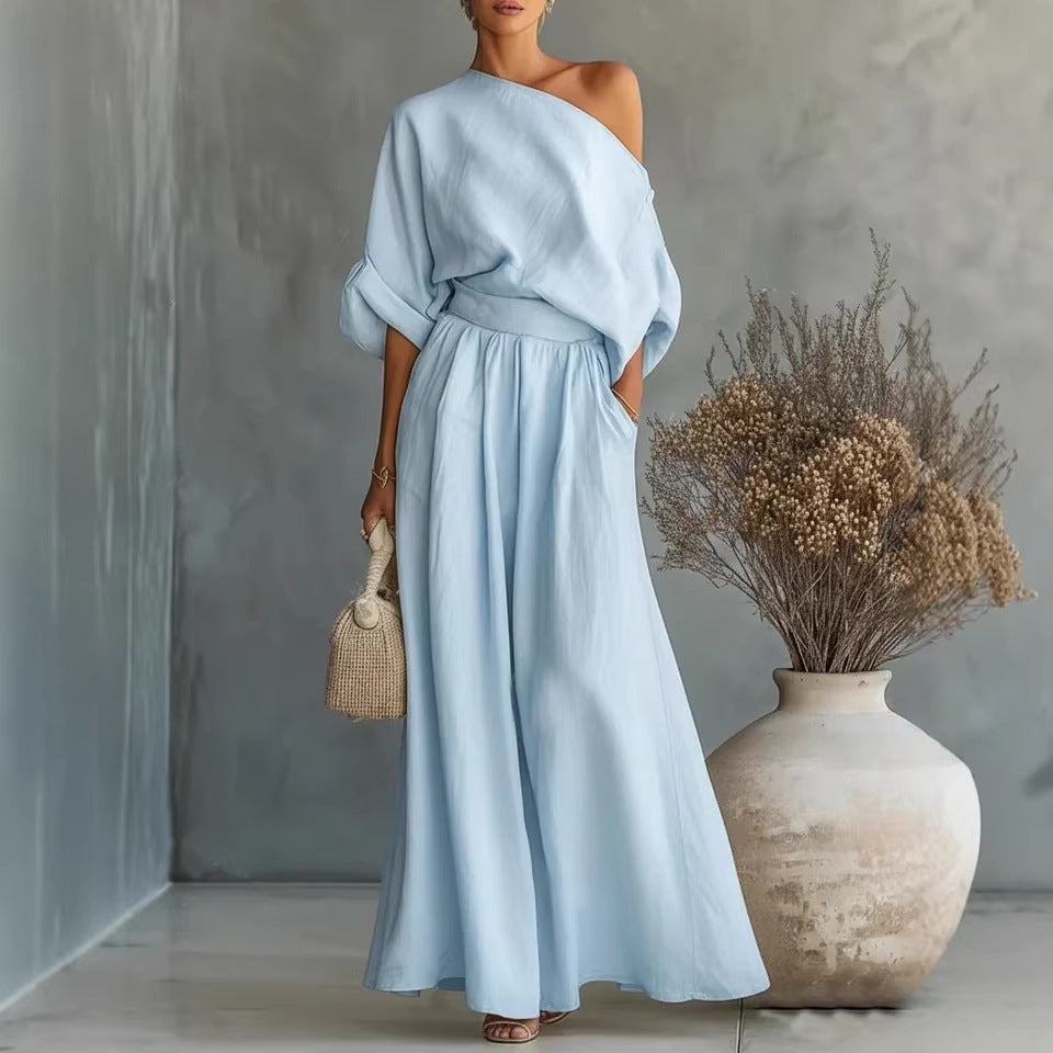 Linen Blend One-Shoulder Maxi Dress with A-Line Skirt | Sophie