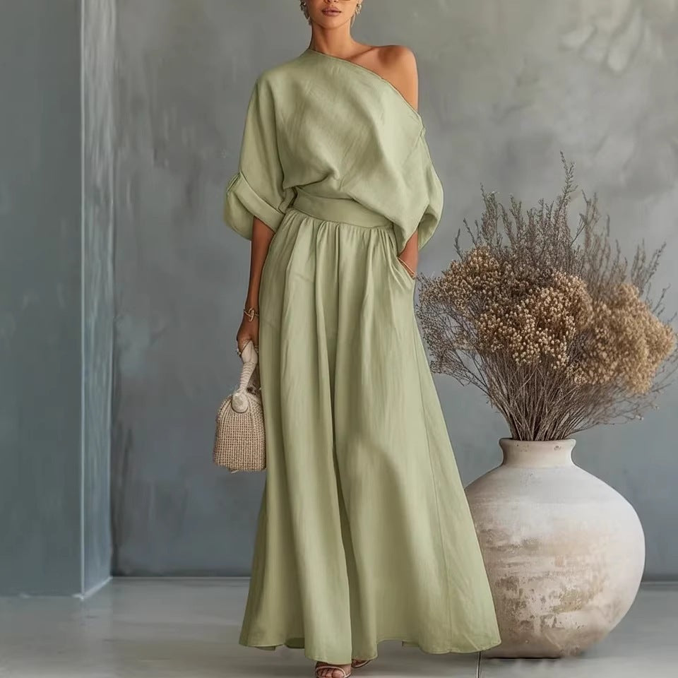 Linen Blend One-Shoulder Maxi Dress with A-Line Skirt | Sophie