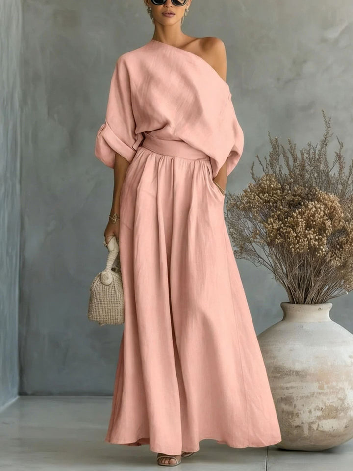 Linen Blend One-Shoulder Maxi Dress with A-Line Skirt | Sophie